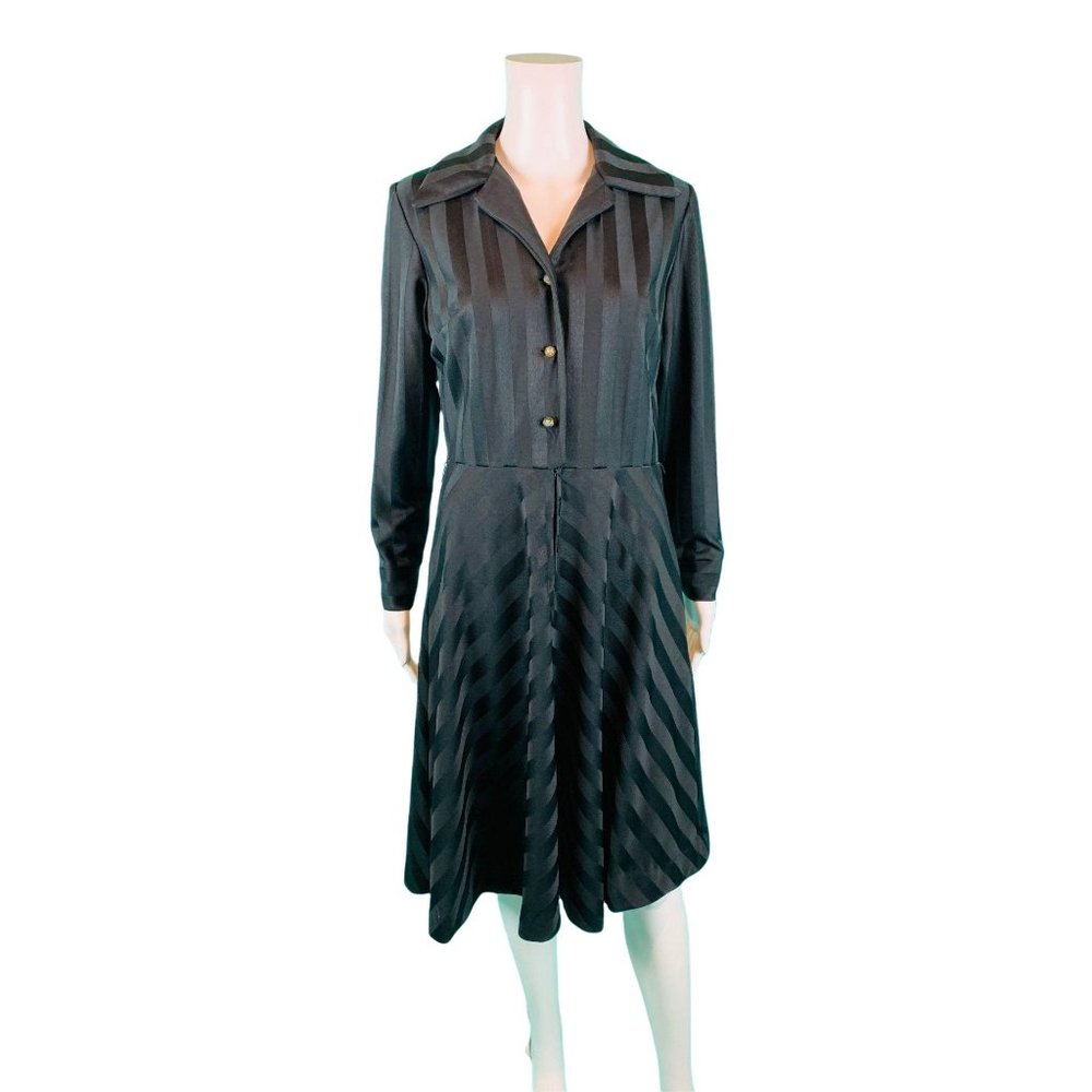 Vintage 1970s Striped Dress Long Sleeve Shiny Black Shirtdress | W 29"